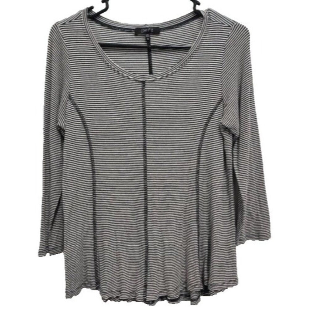 Comfy USA Womens Lagenlook Top Small Black White Pinstripe 3/4 Sleeve Casual